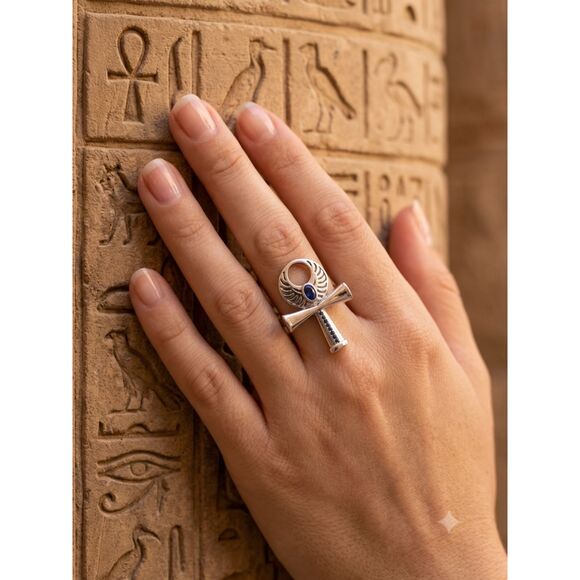 Jewelry - Sterling Silver Blue topaz Ankh Ring with Wings